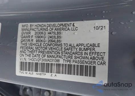 2021 Honda Accord Sport 2.0T из США, поврежденный, VIN 1HGCV2F3XMA031088